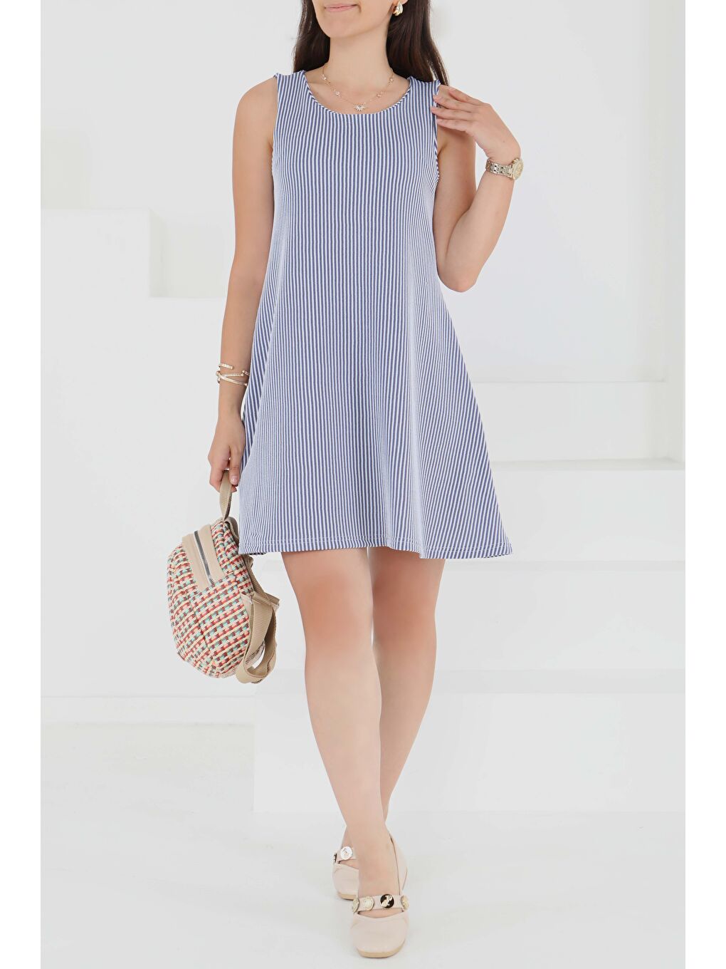 Su Yolu Fermuarlı Elbise Lacivert - 27502-6