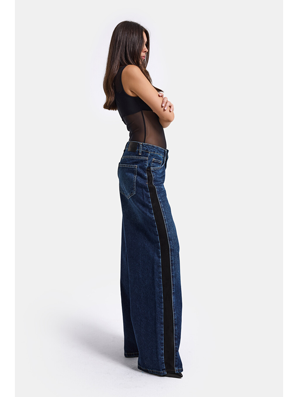Kadın Koyu Mavi 2w6-5 Süper Baggy Yan Süet Detaylı Özel Tasarım Denim Jean