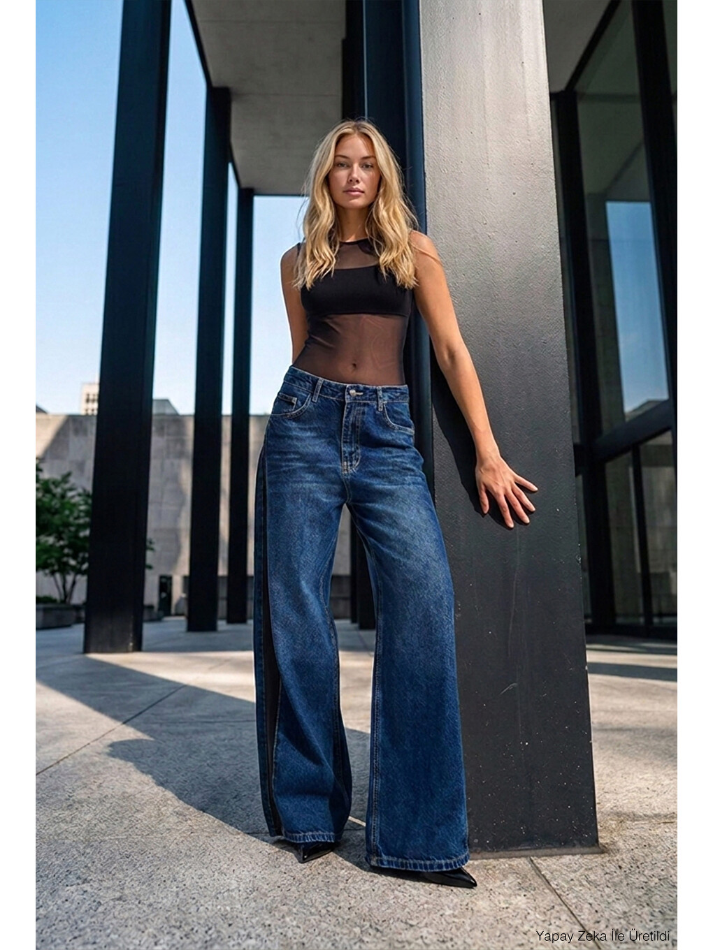 Kadın Koyu Mavi 2w6-5 Süper Baggy Yan Süet Detaylı Özel Tasarım Denim Jean-2
