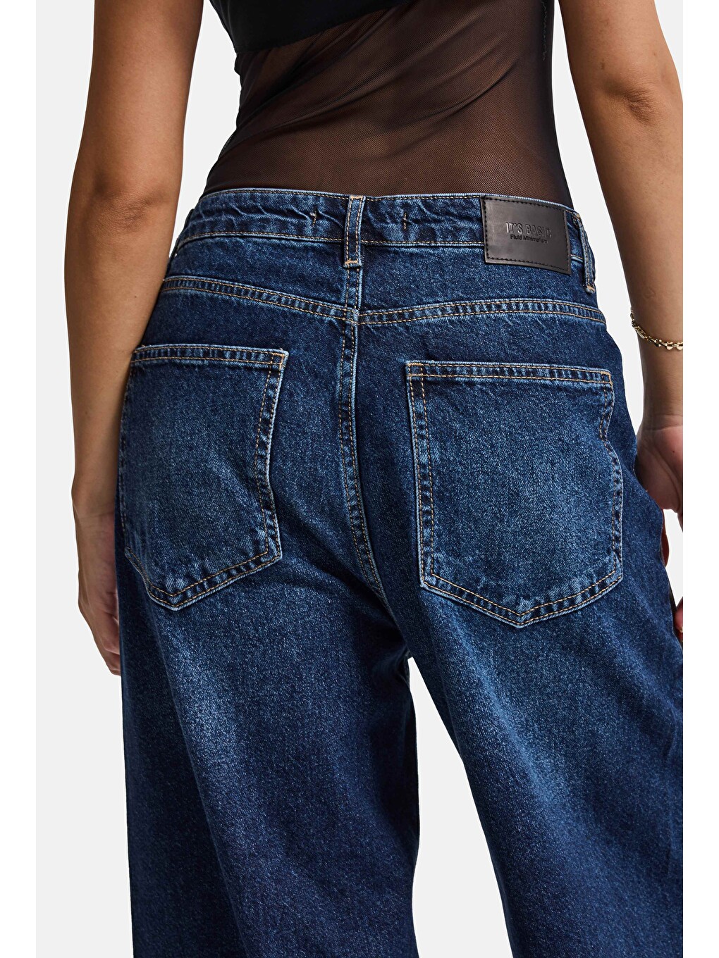 Kadın Koyu Mavi 2w6-5 Süper Baggy Yan Süet Detaylı Özel Tasarım Denim Jean-3