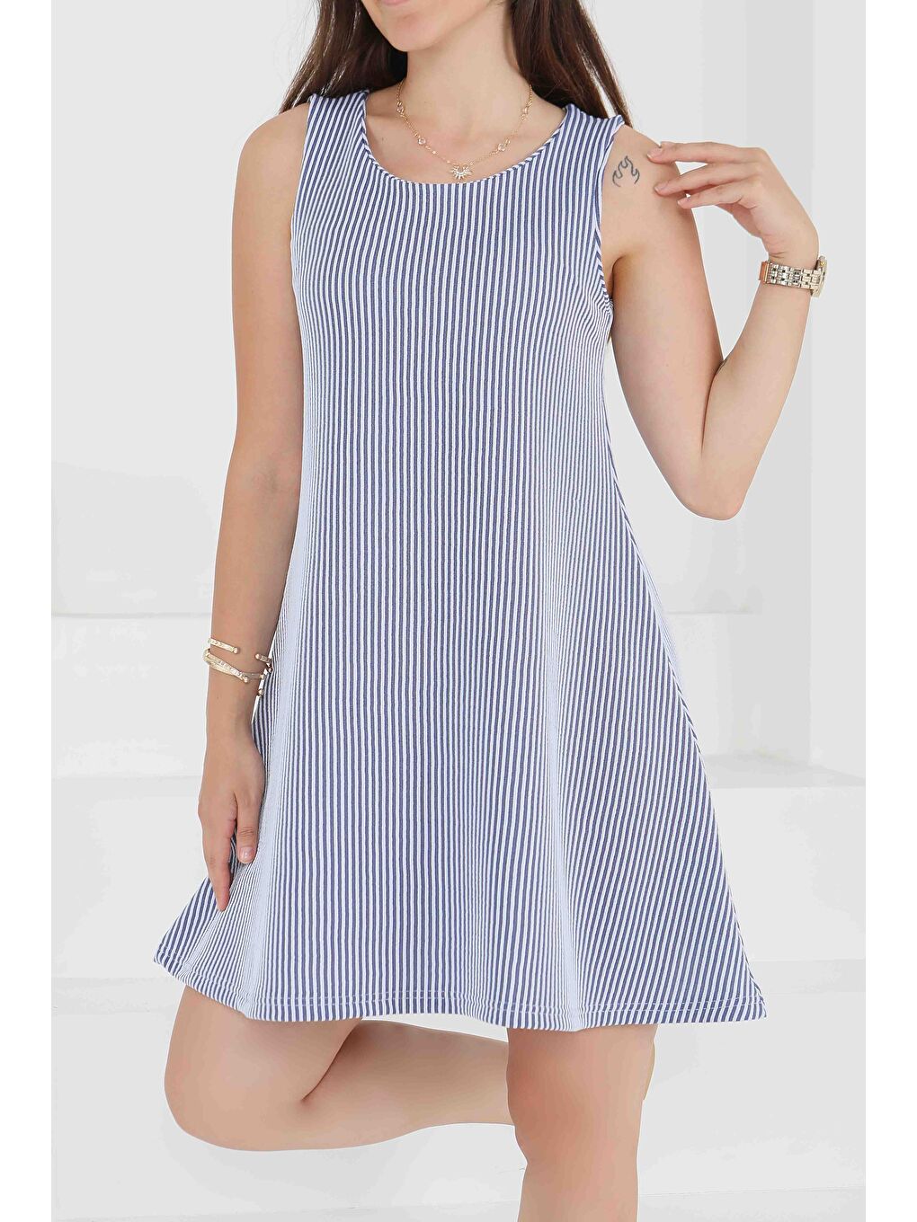 Su Yolu Fermuarlı Elbise Lacivert - 27502-7