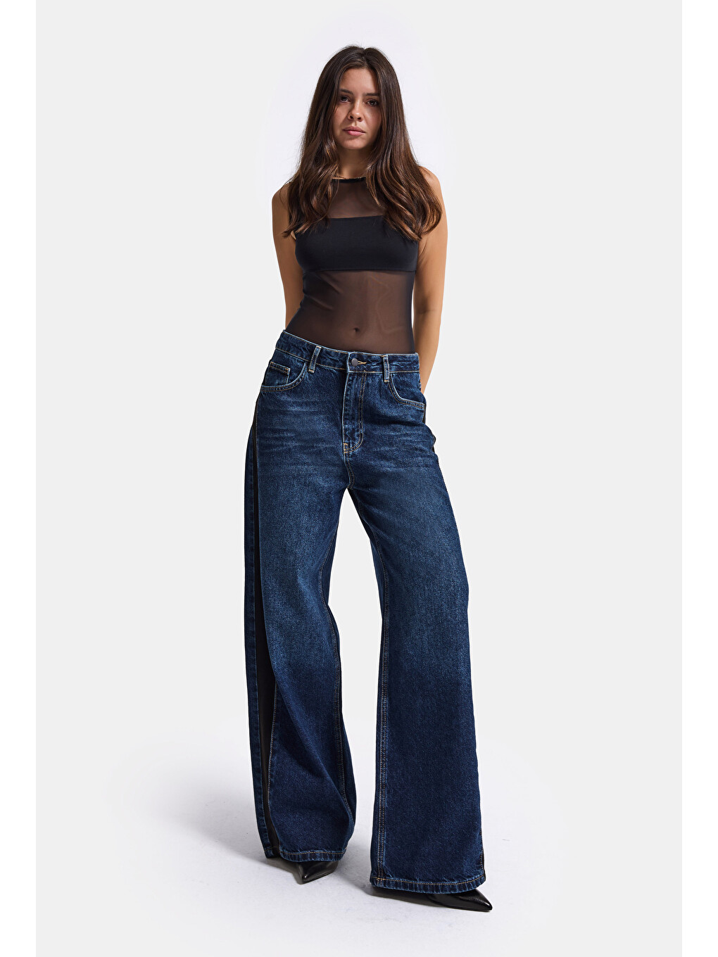 Kadın Koyu Mavi 2w6-5 Süper Baggy Yan Süet Detaylı Özel Tasarım Denim Jean-4