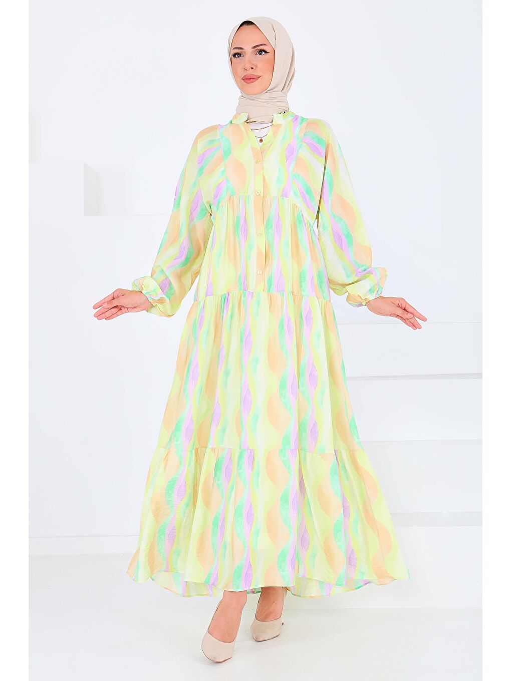 Düğmeli Desenli Elbise Lila - 27515