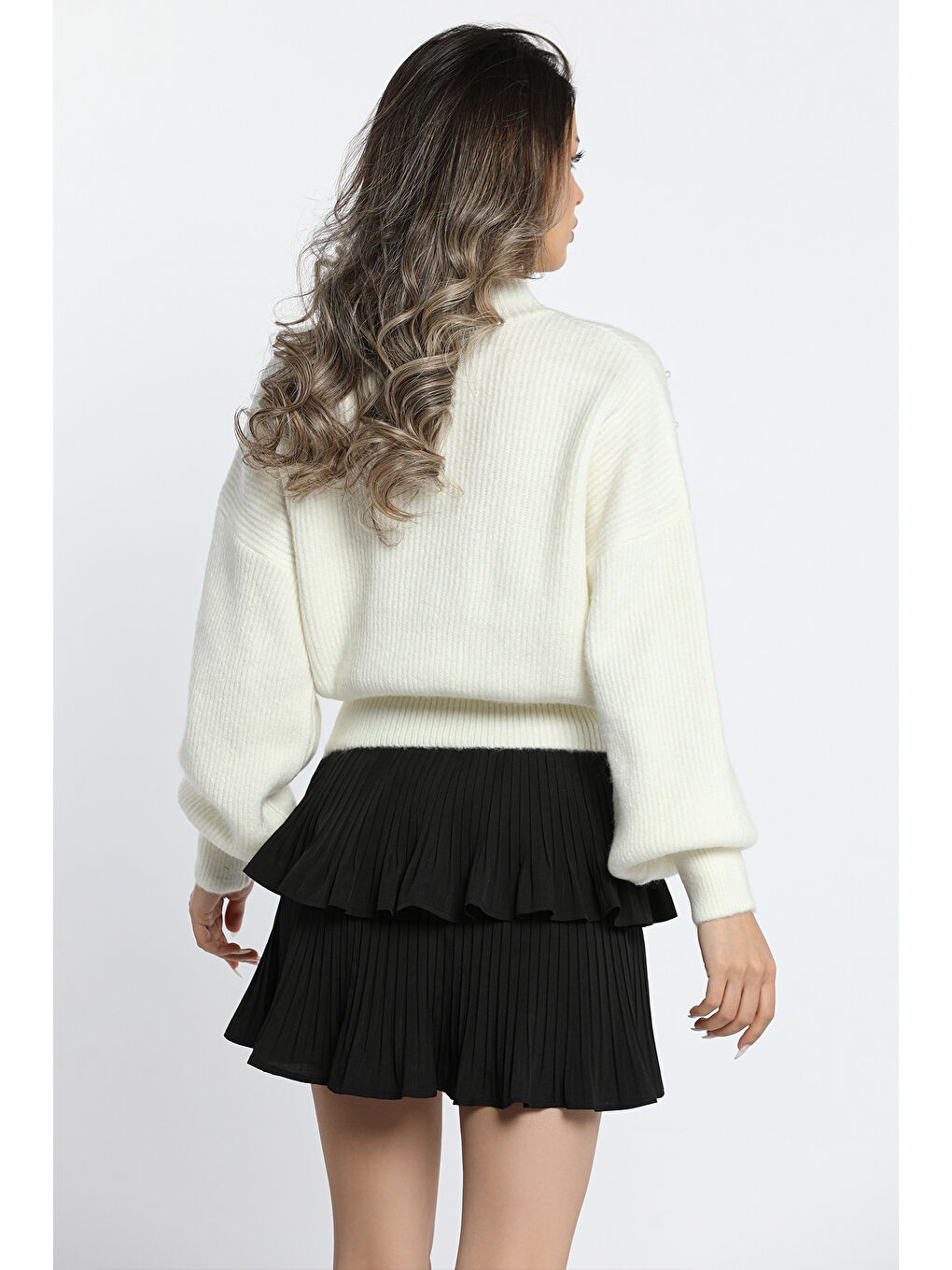 Ekru Kadın Ön Pencereli Taş Detaylı Bel Ve Kol Lastikli Triko Bluz-8