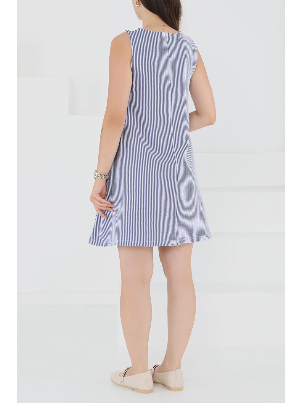 Su Yolu Fermuarlı Elbise Lacivert - 27502-8