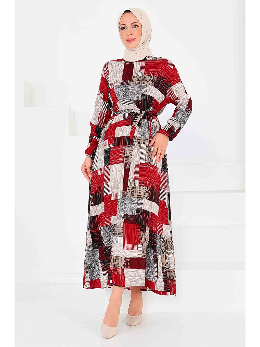 Kırmızı Desenli Kuşaklı Elbise Kirmizi - 27518