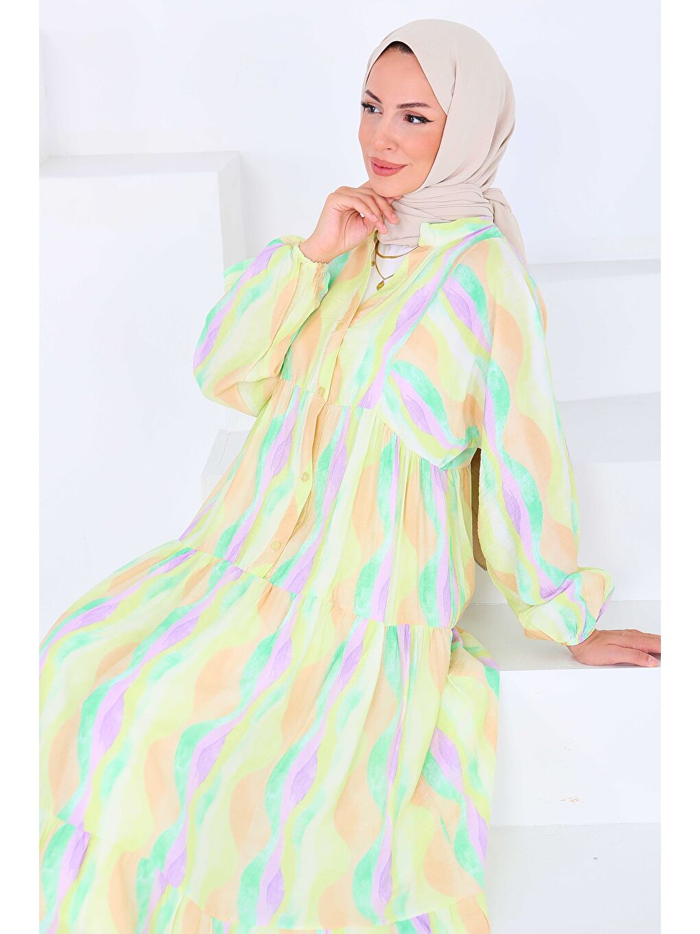 Düğmeli Desenli Elbise Lila - 27515-1