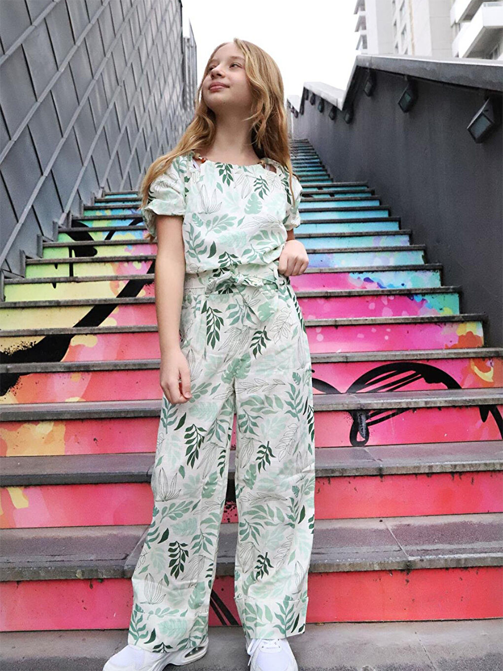 Yeşil Yaprak Desenli Kız Çocuk Bluz Pantolon 2'li Takım