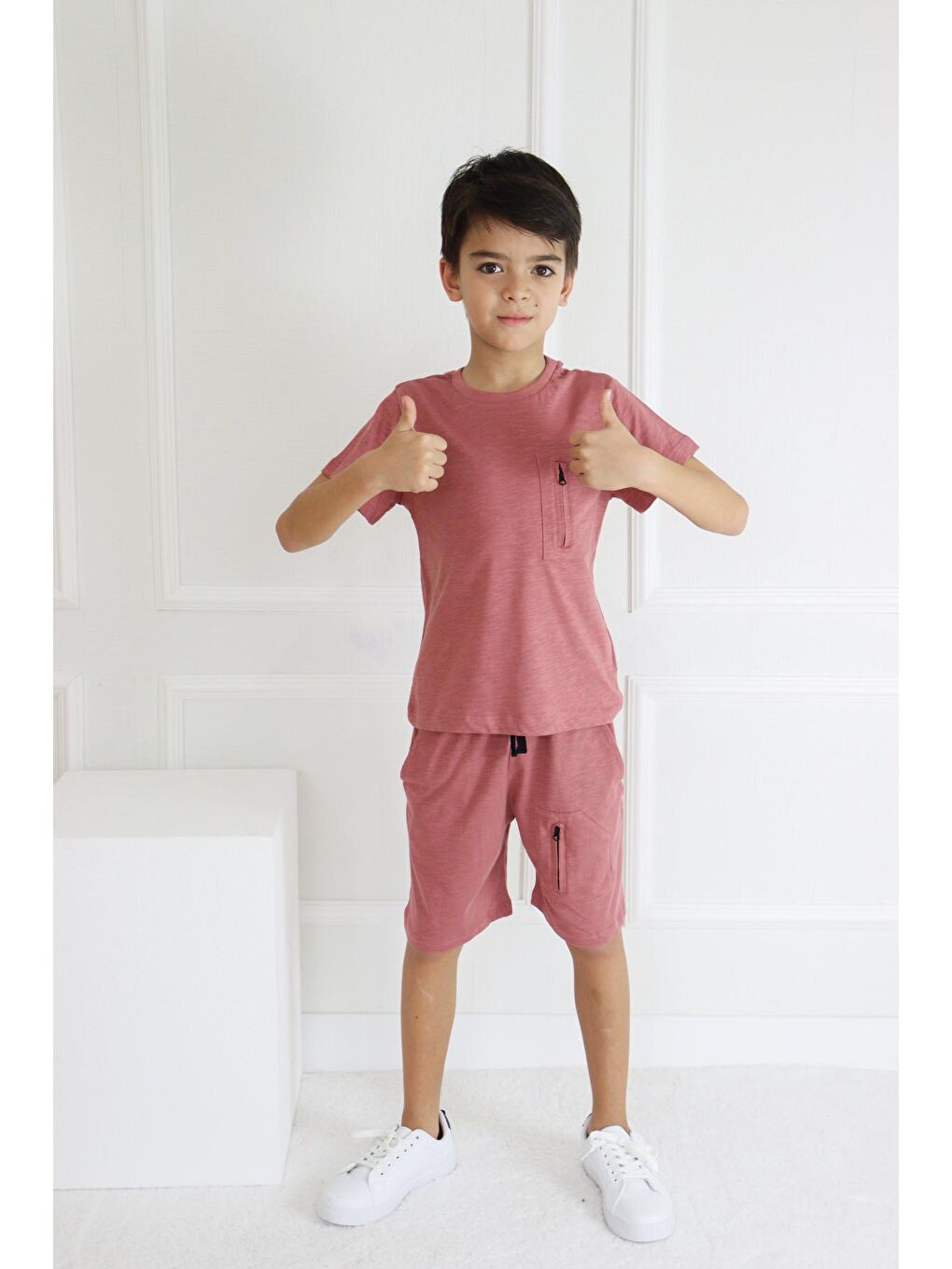 Kırmızı Erkek Çocuk Düz Cep Detaylı Kısa Kollu Basic Şortlu Takım6-9 Yaş-3