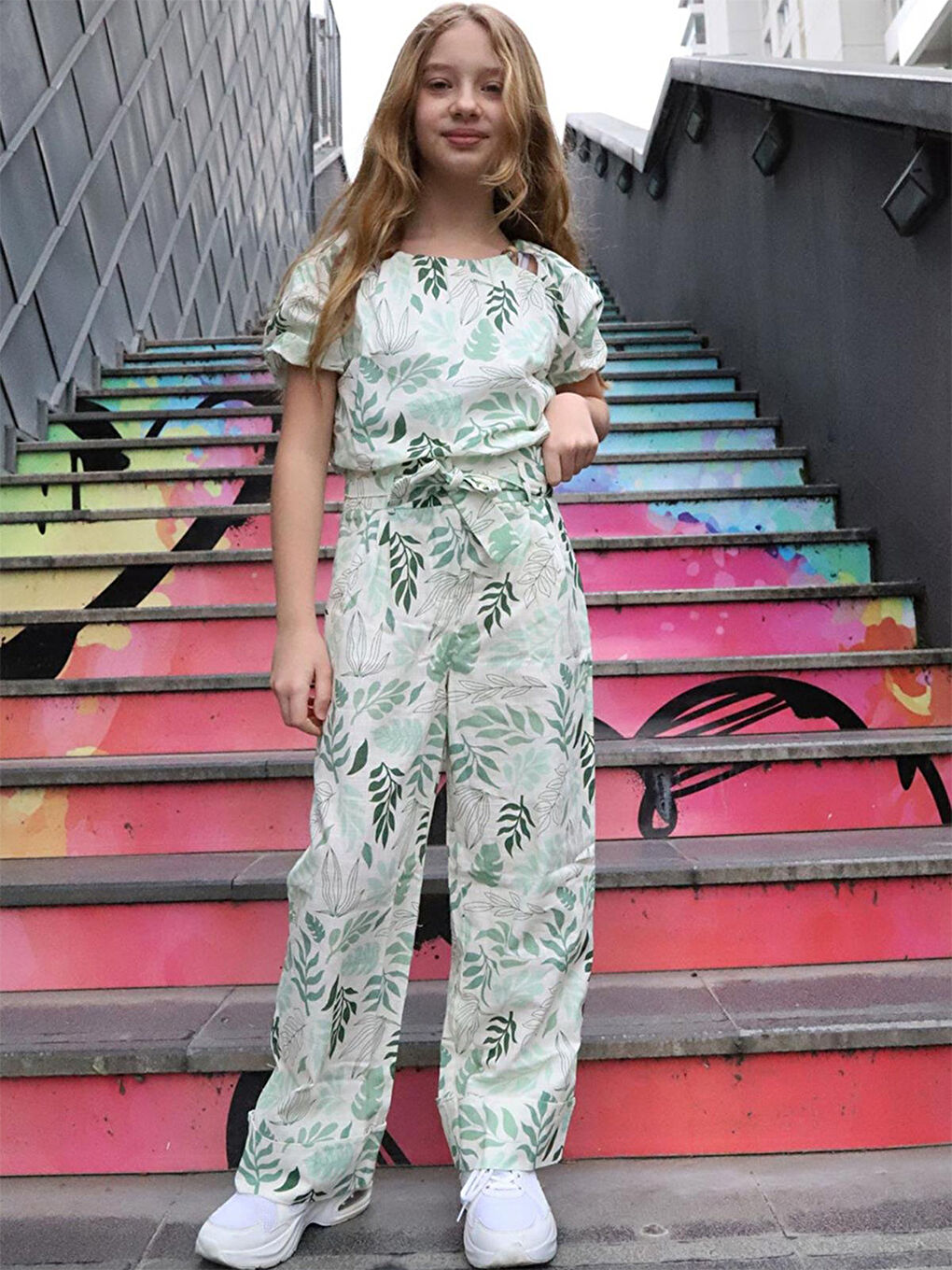 Yeşil Yaprak Desenli Kız Çocuk Bluz Pantolon 2'li Takım-1