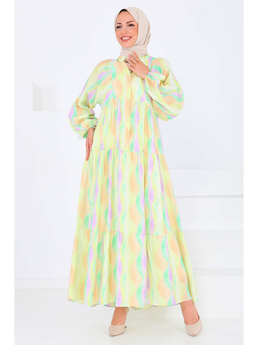 Düğmeli Desenli Elbise Lila - 27515-2