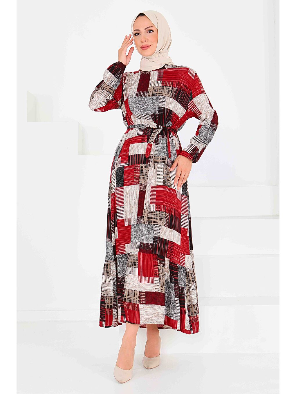 Kırmızı Desenli Kuşaklı Elbise Kirmizi - 27518-1