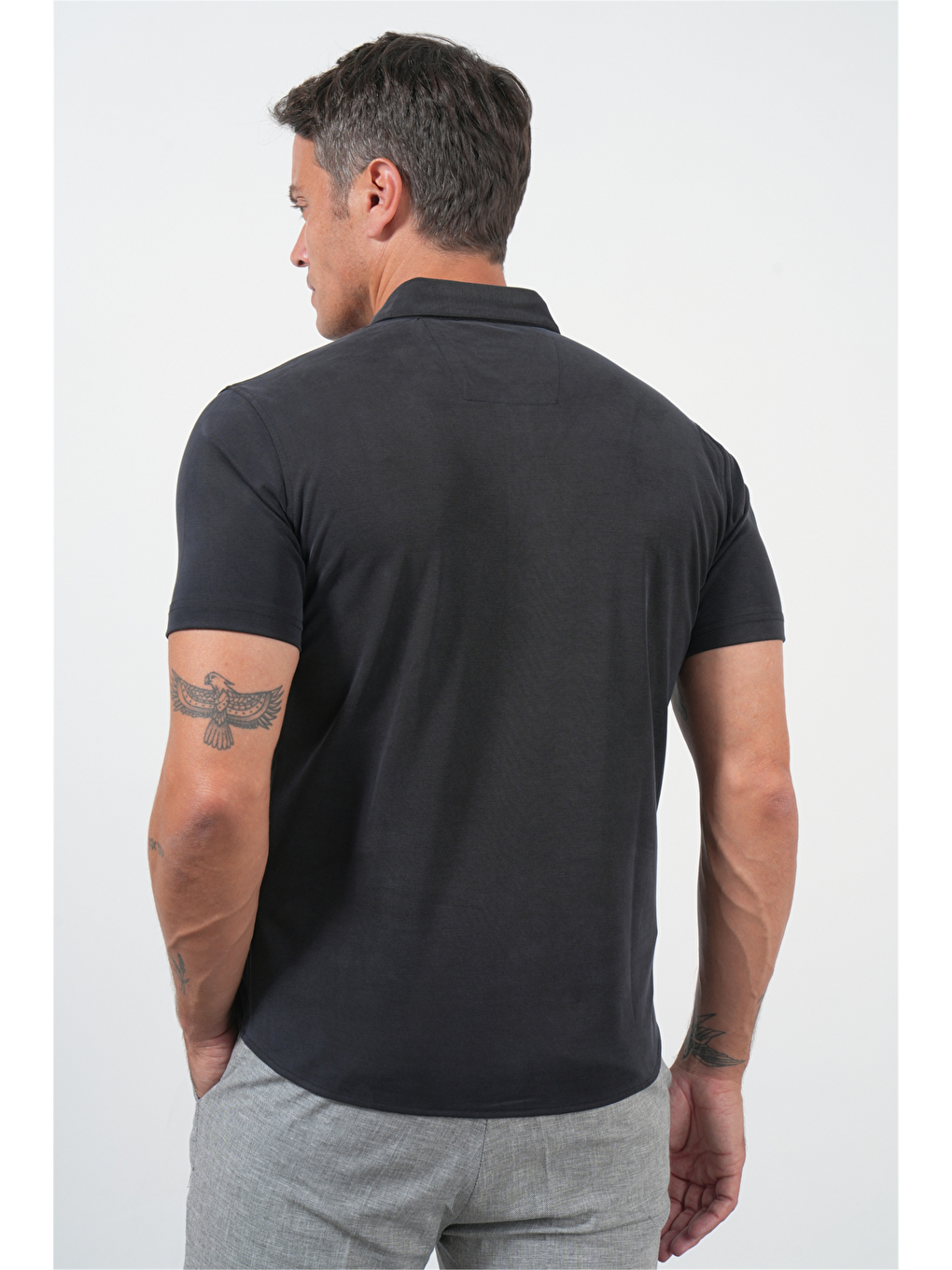 Siyah İtalyan Yaka Kısa Kol Cepsiz Slim Fit Esnek Gömlek 1004260159-4