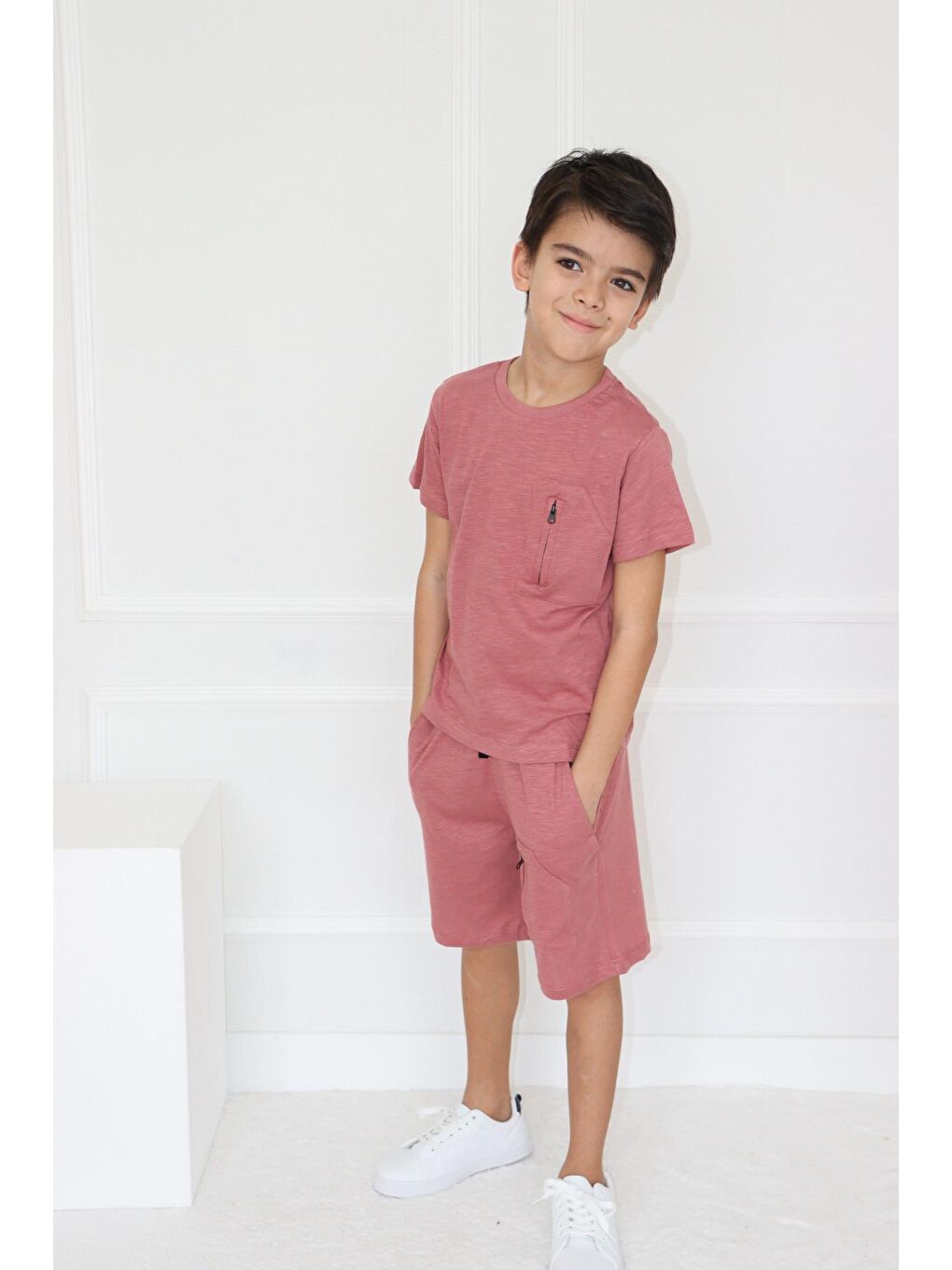 Kırmızı Erkek Çocuk Düz Cep Detaylı Kısa Kollu Basic Şortlu Takım6-9 Yaş-7