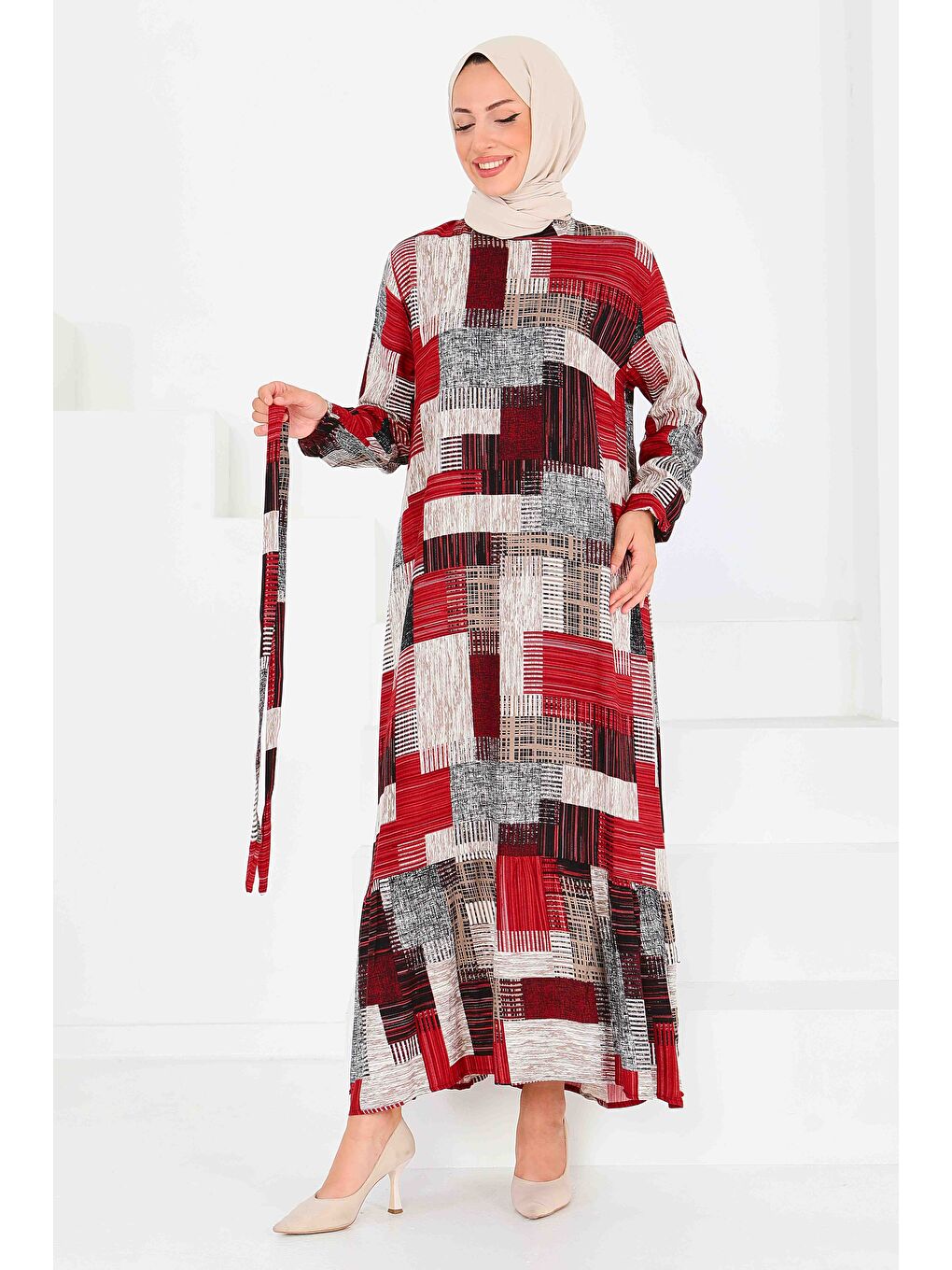 Kırmızı Desenli Kuşaklı Elbise Kirmizi - 27518-2