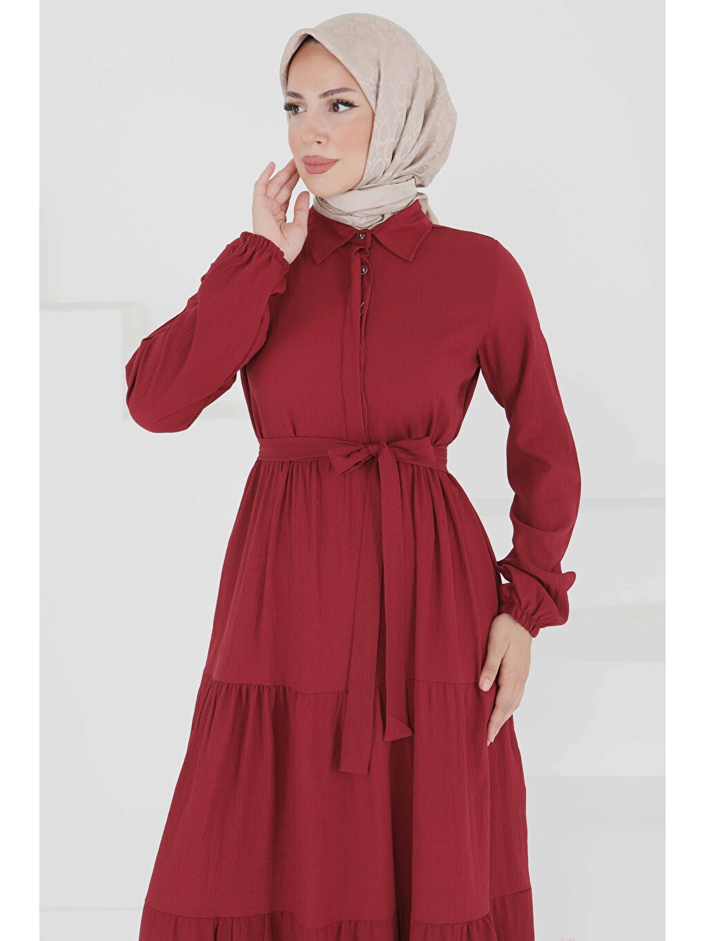 Kuşaklı Kat Kat Elbise Bordo - 27345-1
