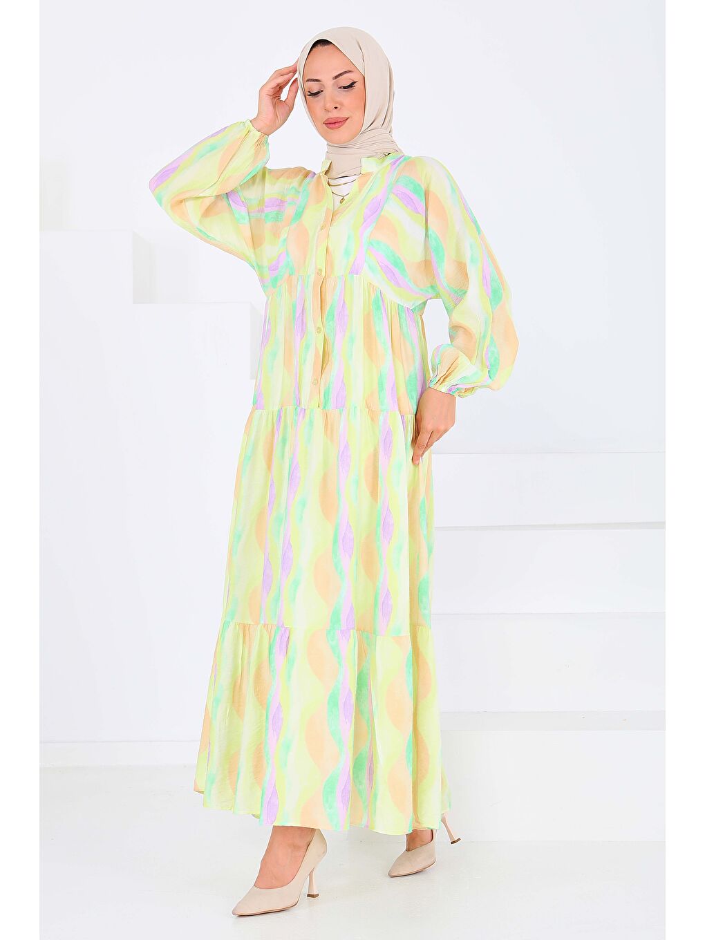 Düğmeli Desenli Elbise Lila - 27515-4