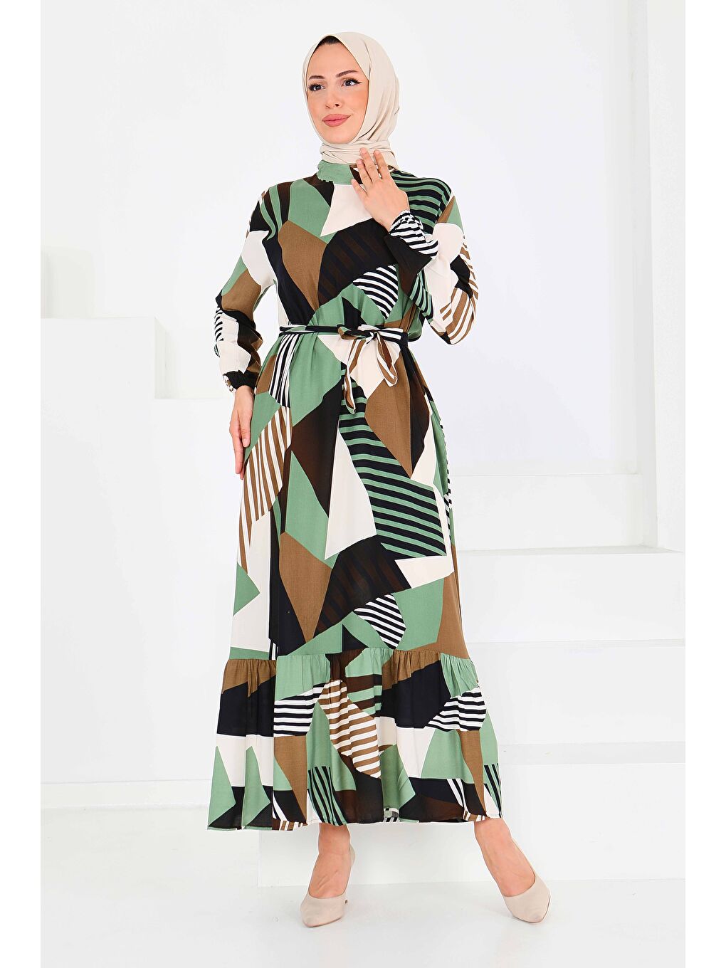 Desenli Kuşaklı Elbise Haki - 27517