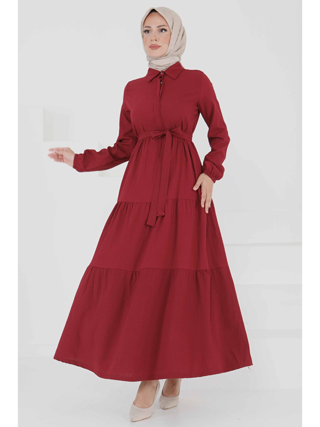 Kuşaklı Kat Kat Elbise Bordo - 27345-2