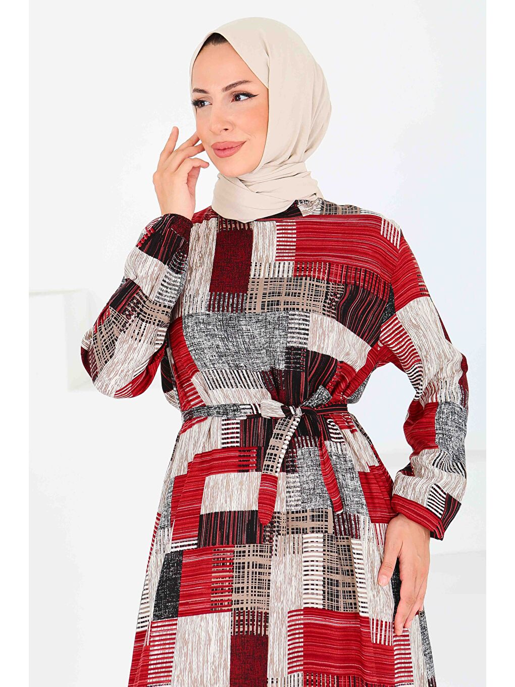 Kırmızı Desenli Kuşaklı Elbise Kirmizi - 27518-3