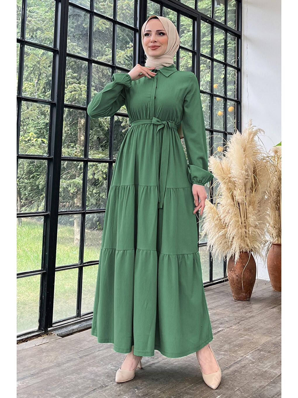 Kuşaklı Kat Kat Elbise Haki - 27345-2