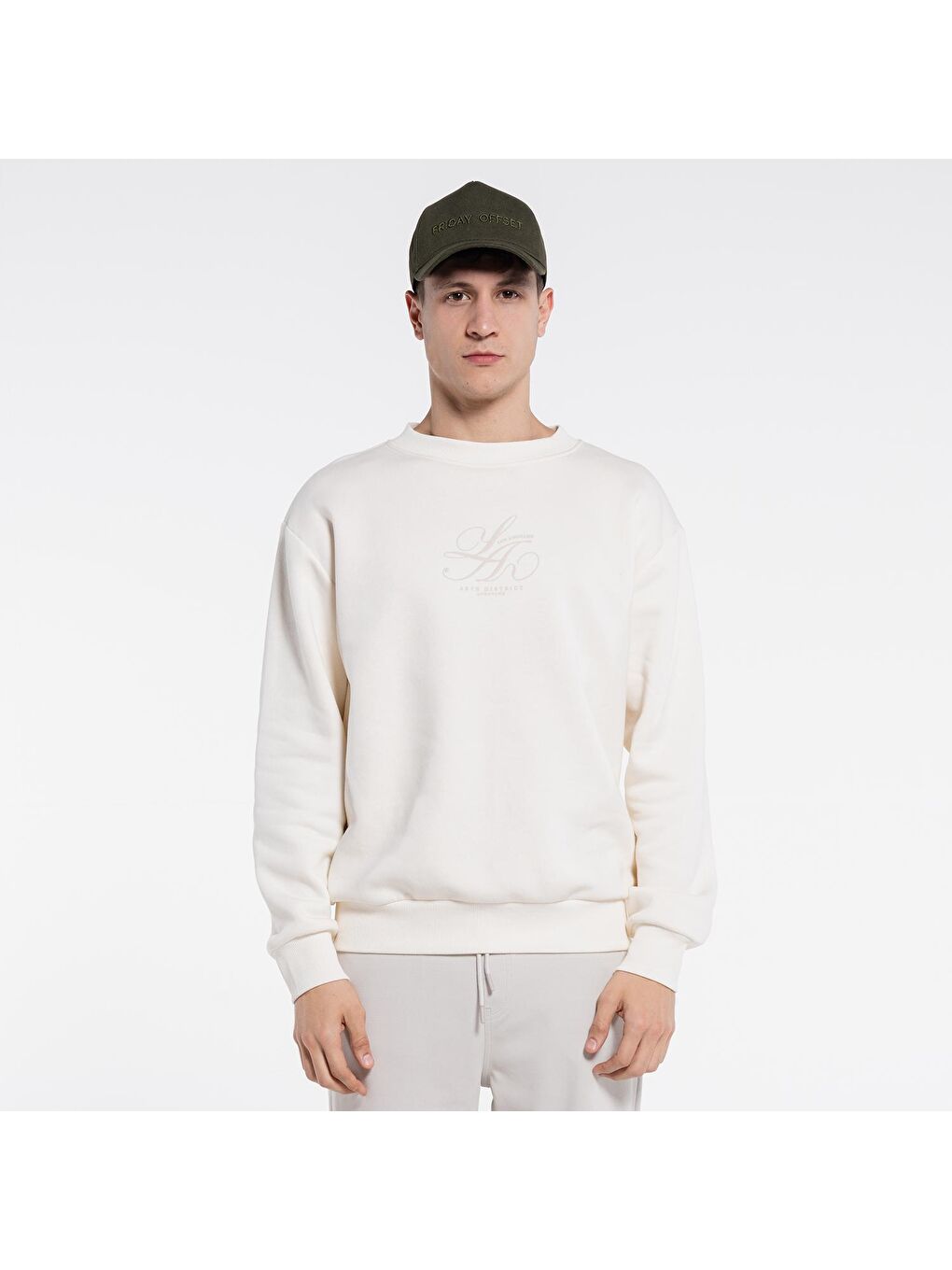 Friday Offset Beyaz Dom Erkek Ekru Bisiklet Yaka Ekstra Oversize Sweatshirt - 3 İplik