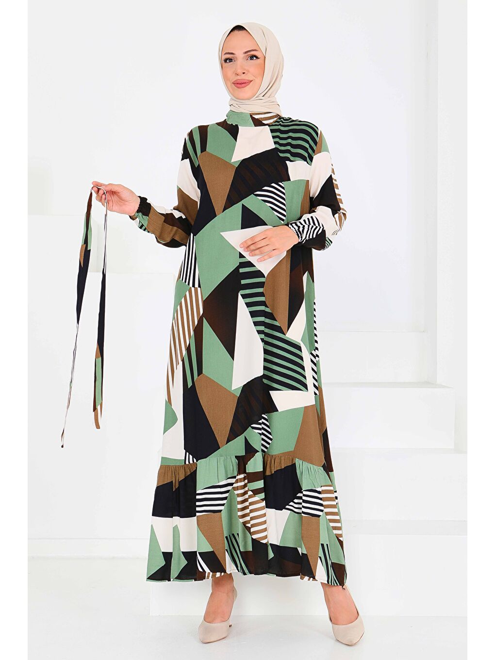 Desenli Kuşaklı Elbise Haki - 27517-1