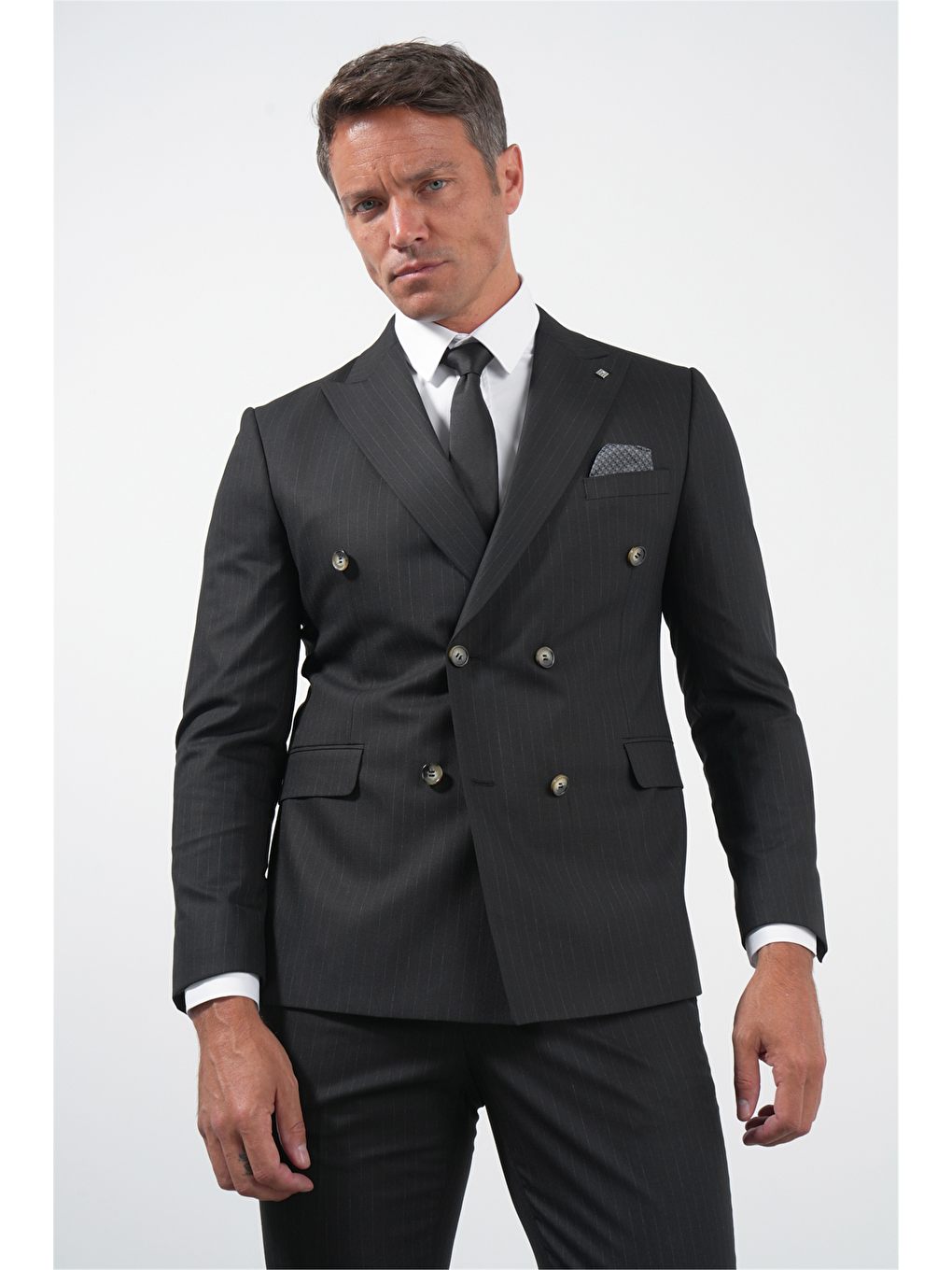 Siyah-Gri Kılıç Yaka Düz Bez Ayağı Kruvaze 6 Drop Slim Fit Esnek Takım Elbise 1001260173-1