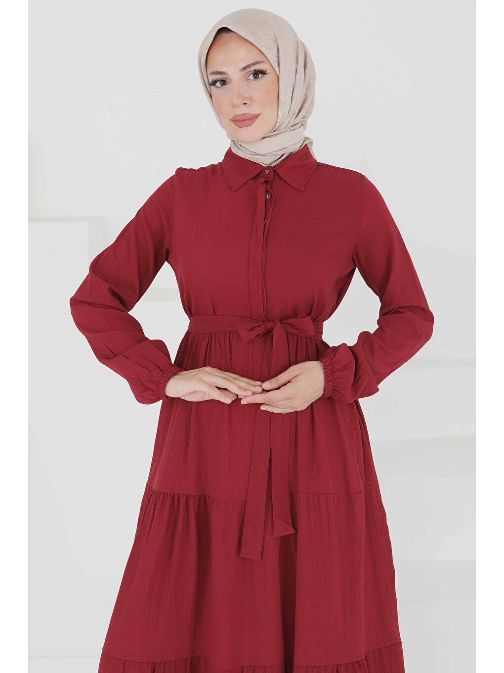 Kuşaklı Kat Kat Elbise Bordo - 27345-3