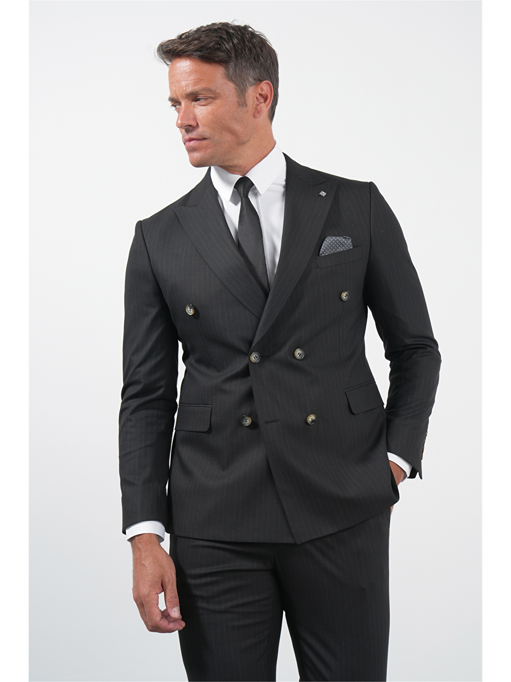 Siyah-Gri Kılıç Yaka Düz Bez Ayağı Kruvaze 6 Drop Slim Fit Esnek Takım Elbise 1001260173-2