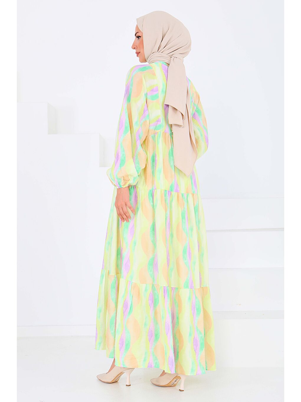 Düğmeli Desenli Elbise Lila - 27515-5