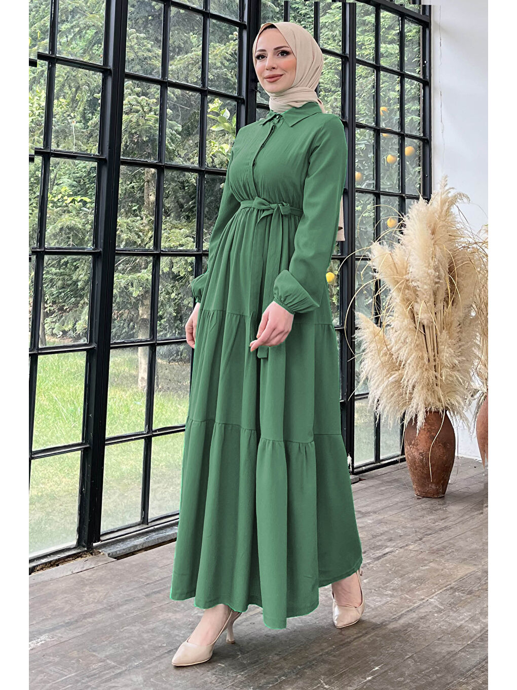 Kuşaklı Kat Kat Elbise Haki - 27345-3