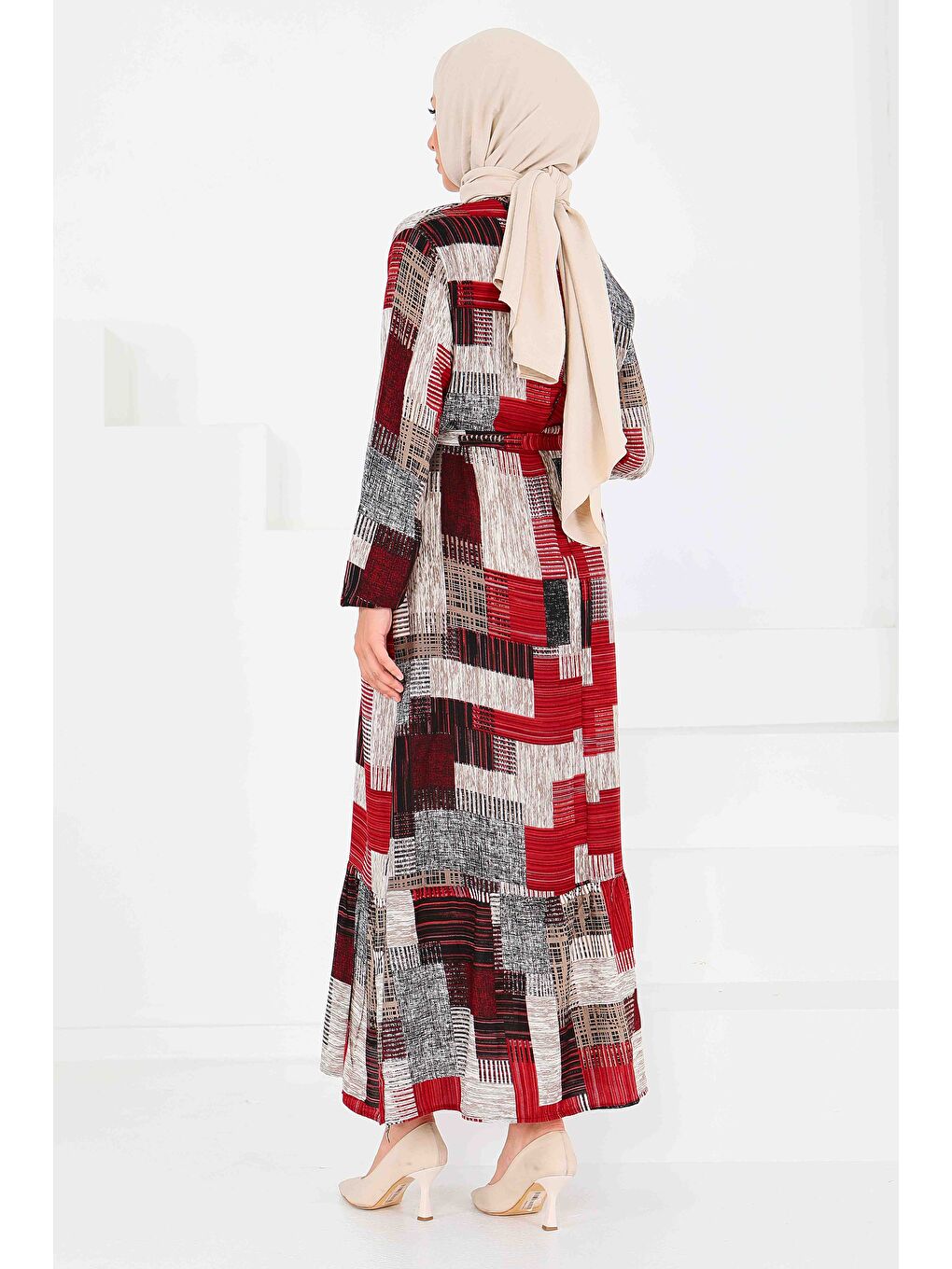 Kırmızı Desenli Kuşaklı Elbise Kirmizi - 27518-4