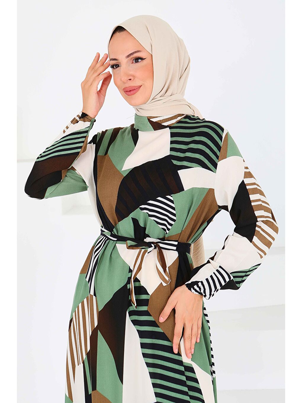 Desenli Kuşaklı Elbise Haki - 27517-2