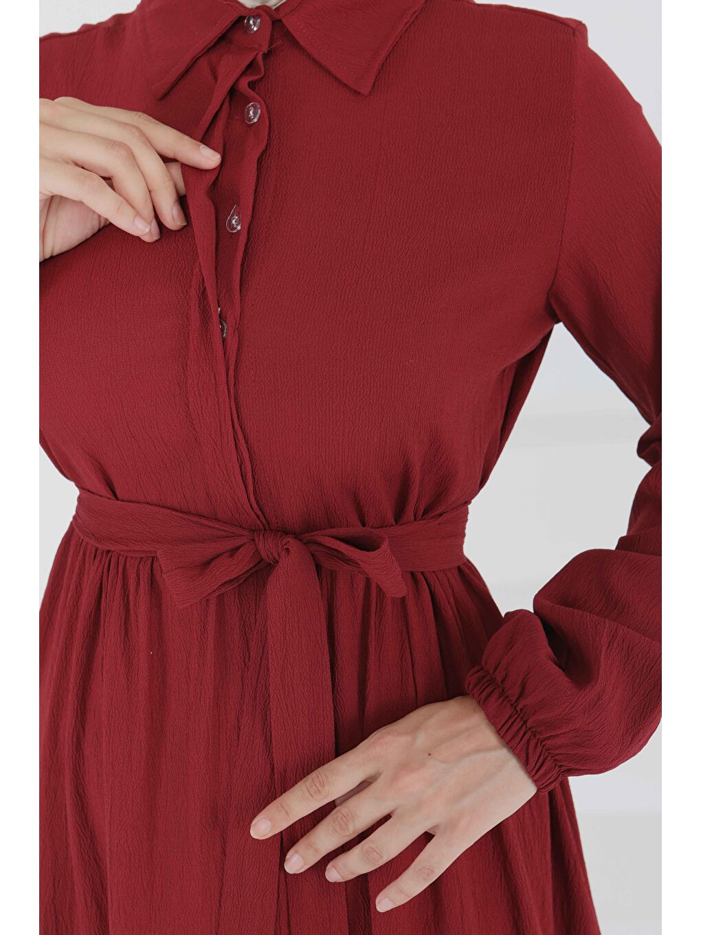 Kuşaklı Kat Kat Elbise Bordo - 27345-4