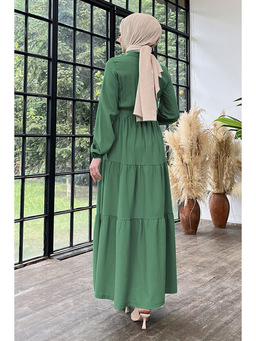 Kuşaklı Kat Kat Elbise Haki - 27345-4