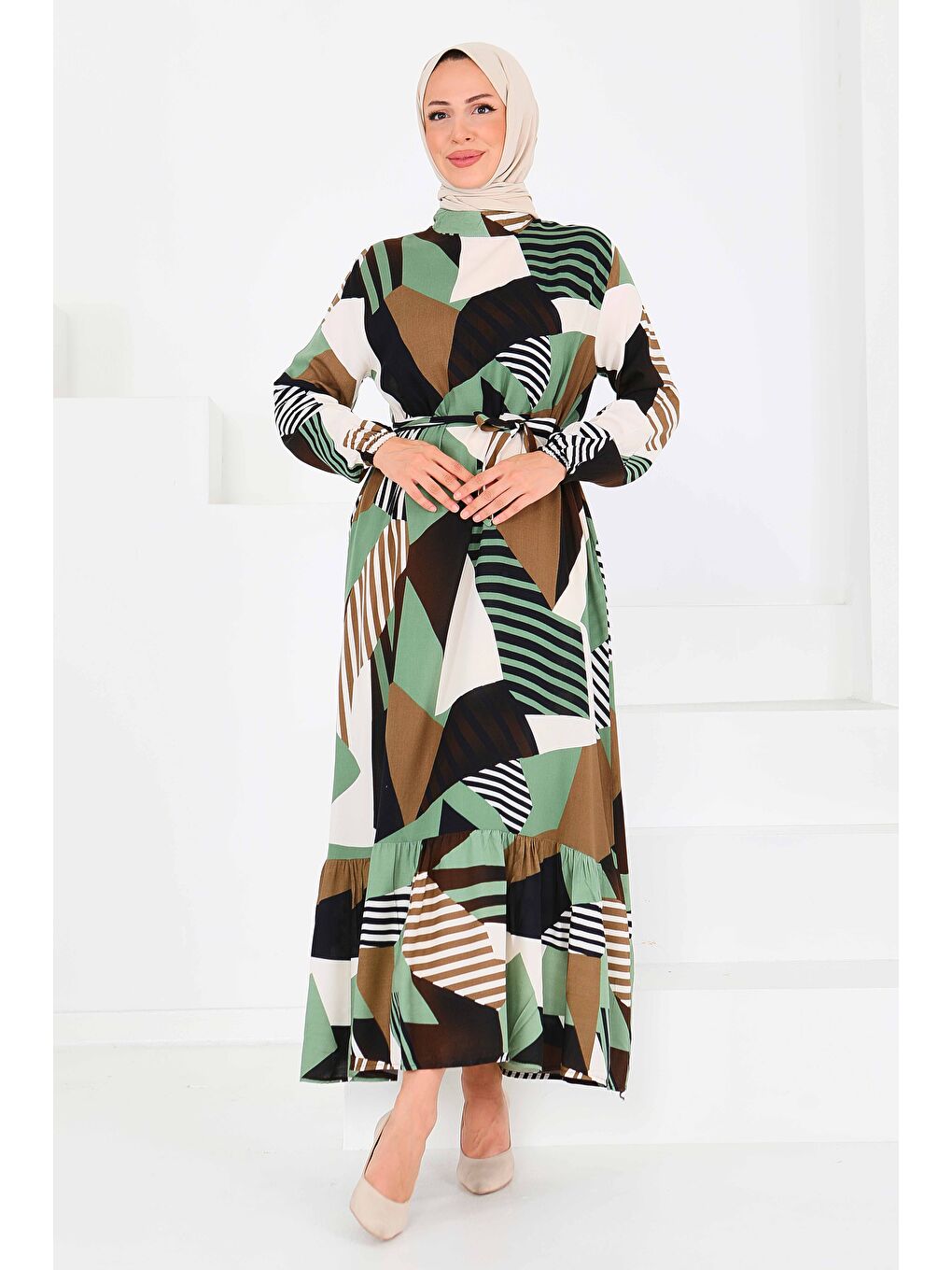 Desenli Kuşaklı Elbise Haki - 27517-3