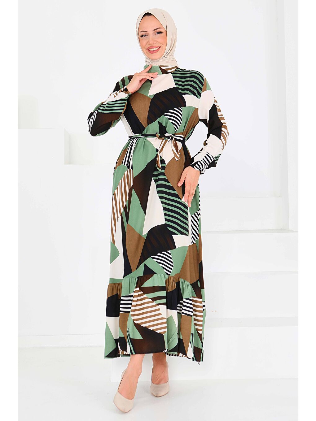 Desenli Kuşaklı Elbise Haki - 27517-4