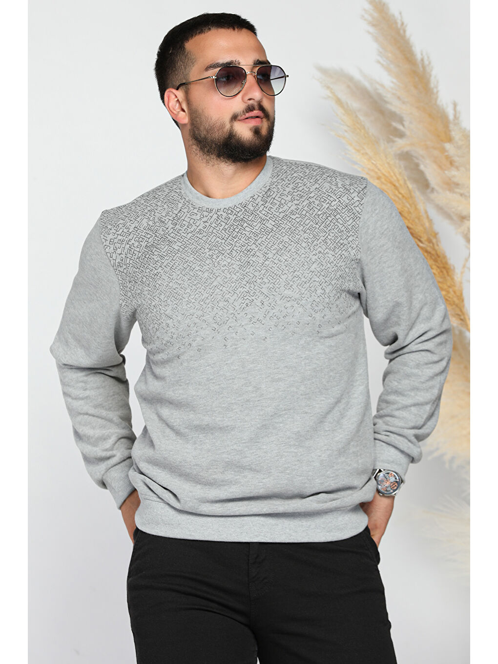 Mishar İtalia Gri Erkek Kendinden Desenli Selanik Sweatshirt