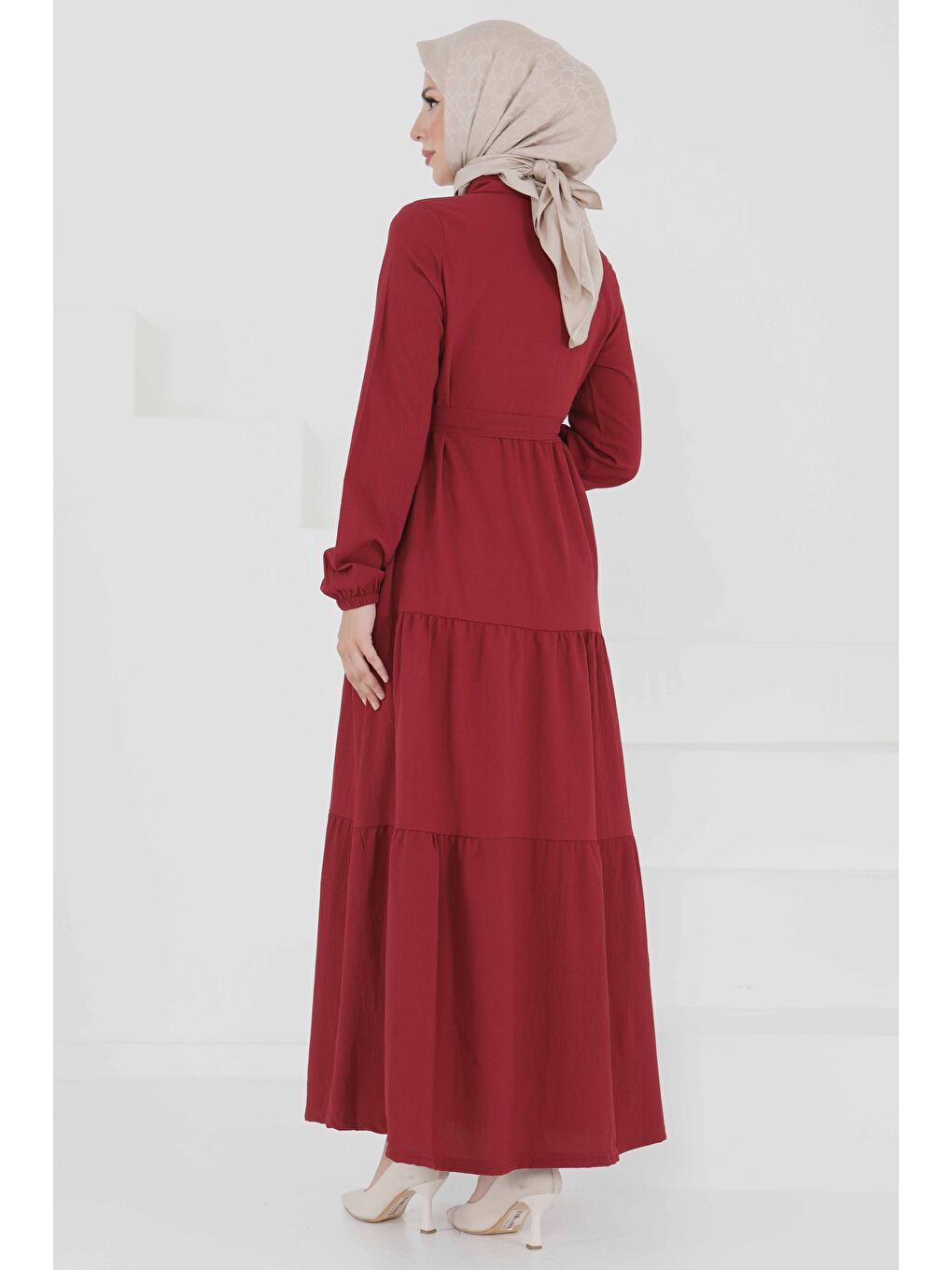 Kuşaklı Kat Kat Elbise Bordo - 27345-5