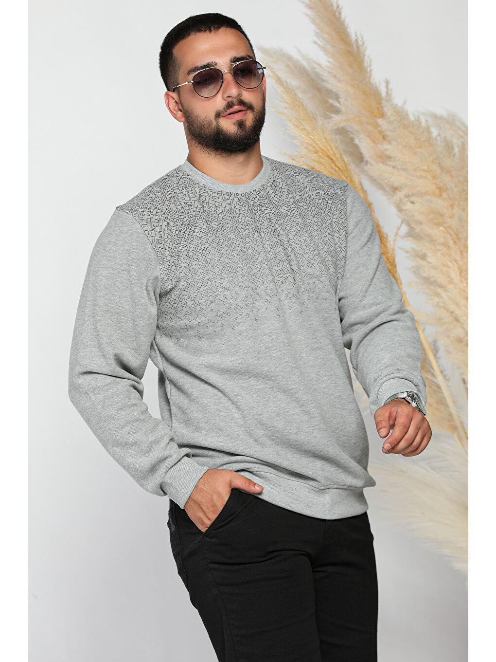 Mishar İtalia Gri Erkek Kendinden Desenli Selanik Sweatshirt - 1