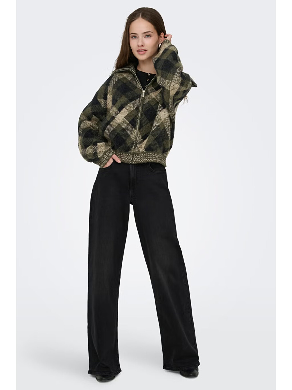 Mor Onlmaroon Kareli Geniş Yaka Fermuarlı Kazak 15358211-1