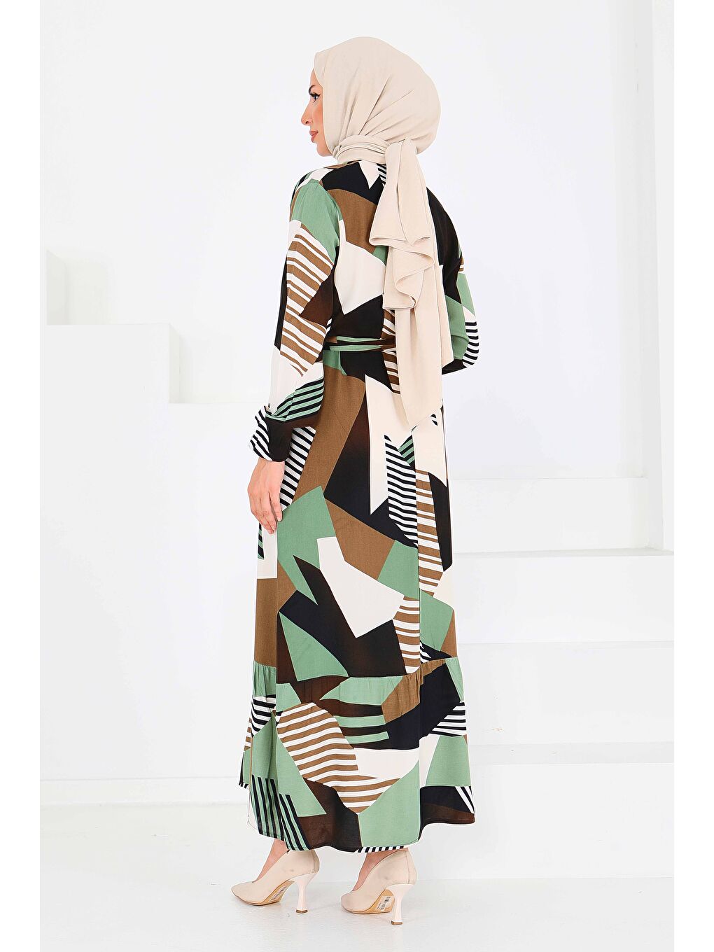 Desenli Kuşaklı Elbise Haki - 27517-5