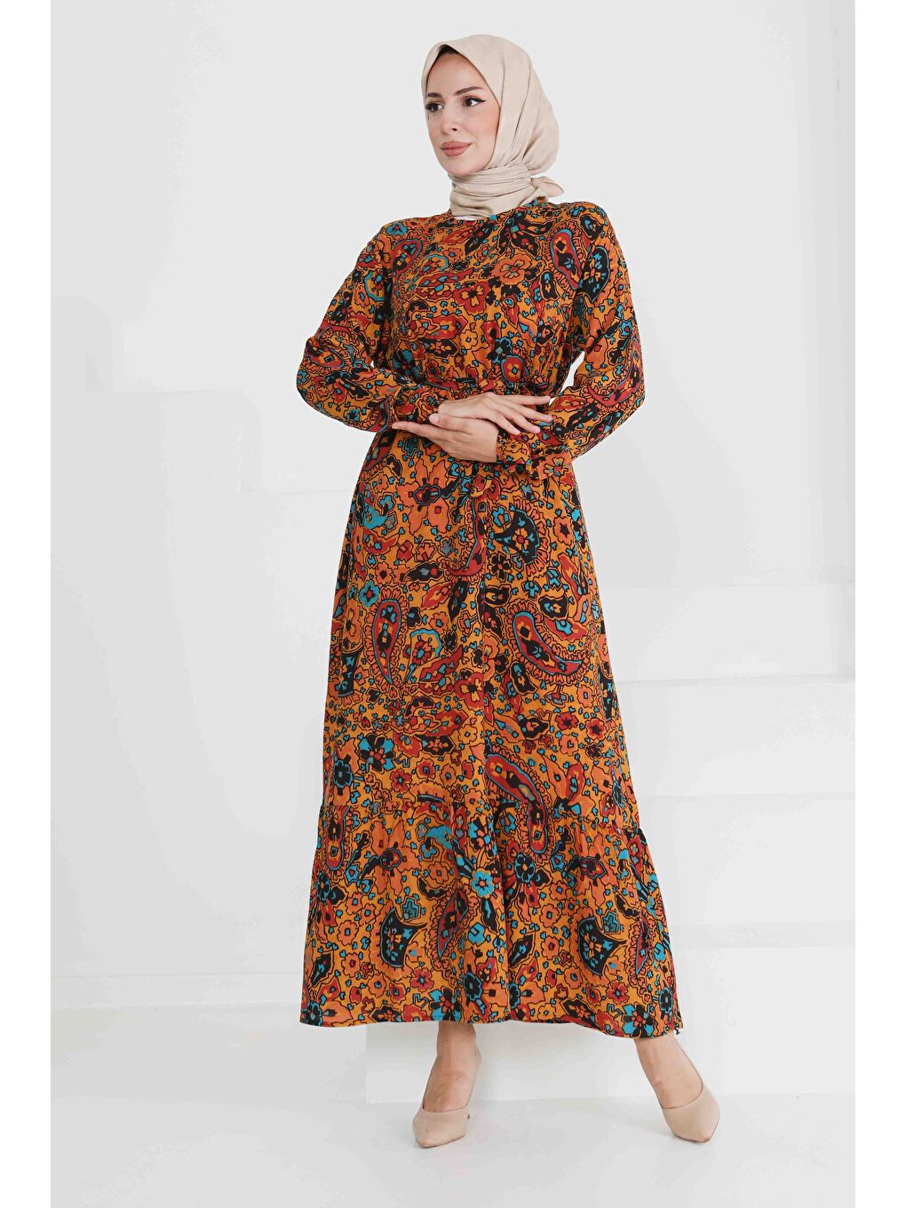 Sarı Desenli Kuşaklı Elbise Hardal - 27472