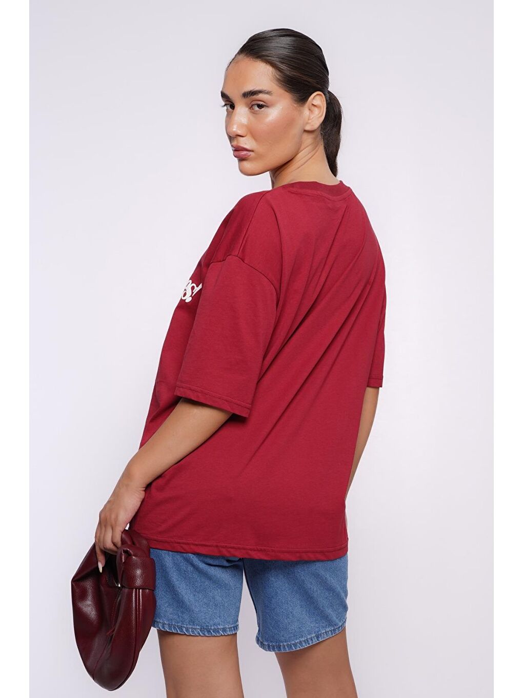 Bordo Baskılı Oversize Tişört Mg1532-2