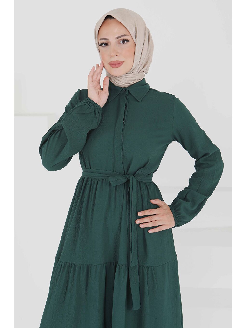 Yeşil Kuşaklı Kat Kat Elbise Zümrüt - 27345