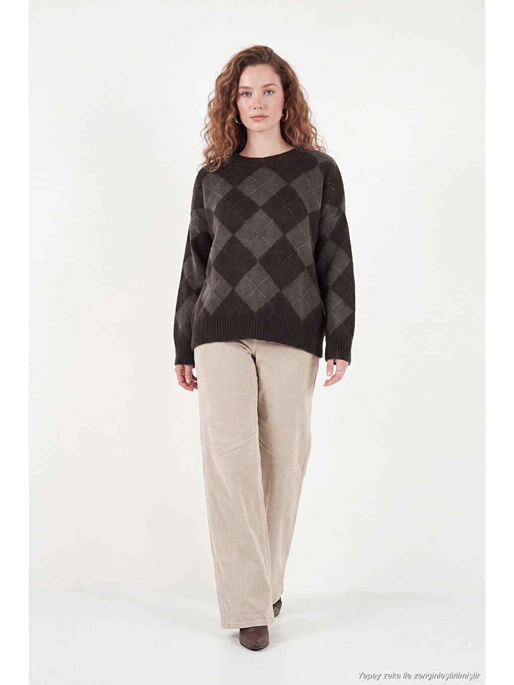 Kahverengi Oversize Fit Bisiklet Yaka Baklava Desenli Kadın Kazak 4615579-2