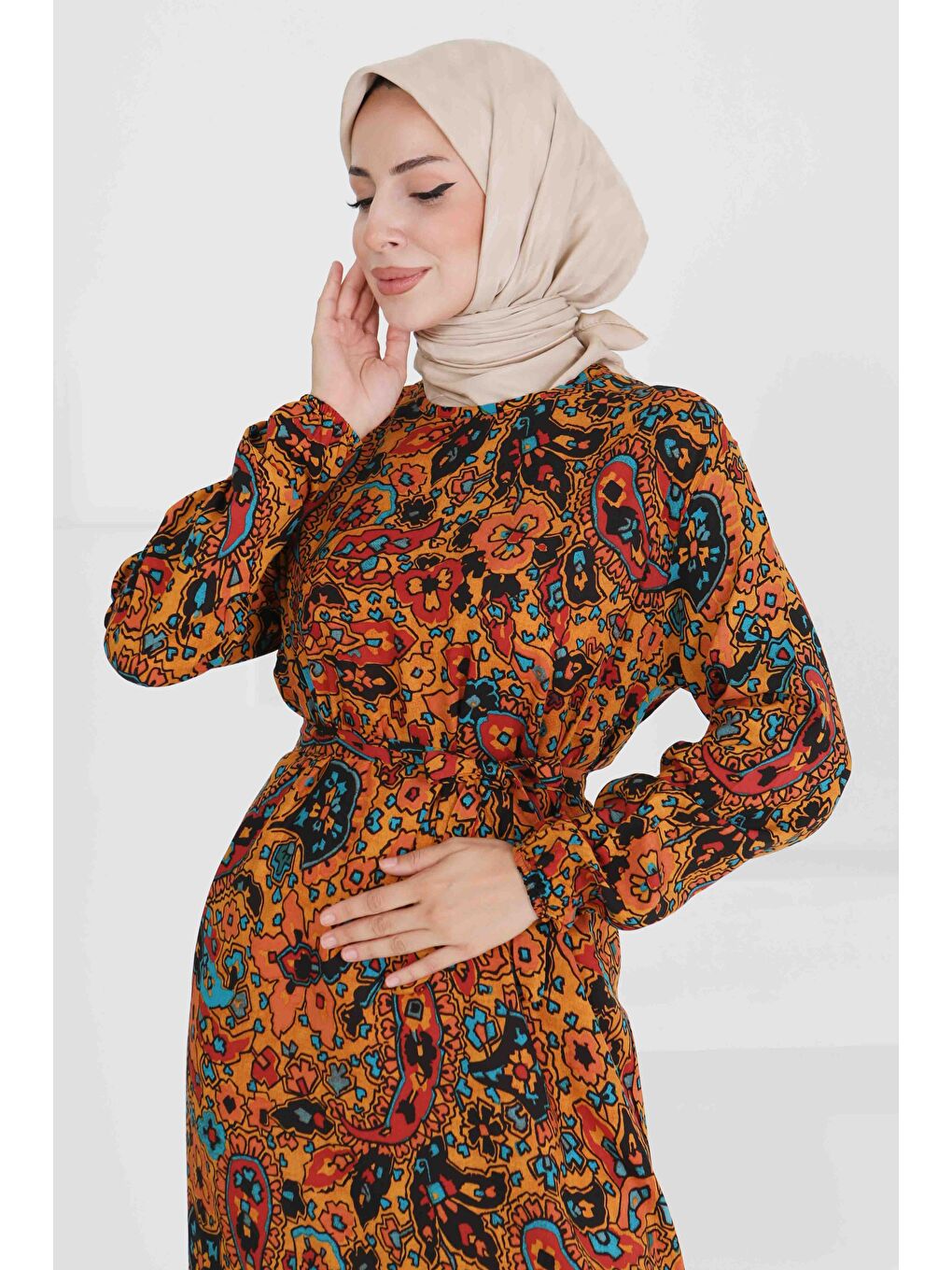 Sarı Desenli Kuşaklı Elbise Hardal - 27472-1