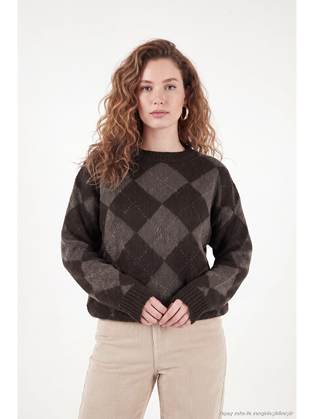 Kahverengi Oversize Fit Bisiklet Yaka Baklava Desenli Kadın Kazak 4615579-4