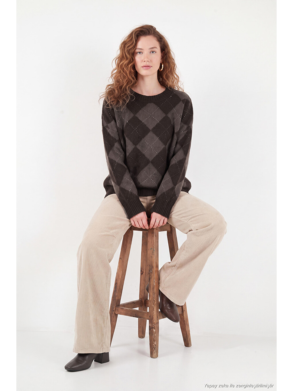 Kahverengi Oversize Fit Bisiklet Yaka Baklava Desenli Kadın Kazak 4615579-5